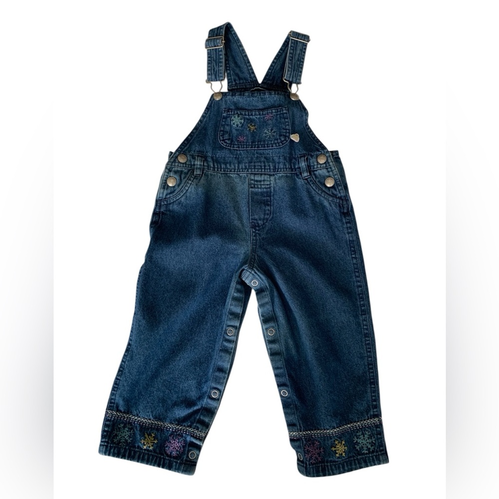 Vintage Overalls Girls Size 24M Blue Jean Denim Embroidered Snowflakes One Piece